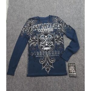 Xtreme Couture Libertarian Thermal Shirt Mens Small Blue Allover Graphic Cross